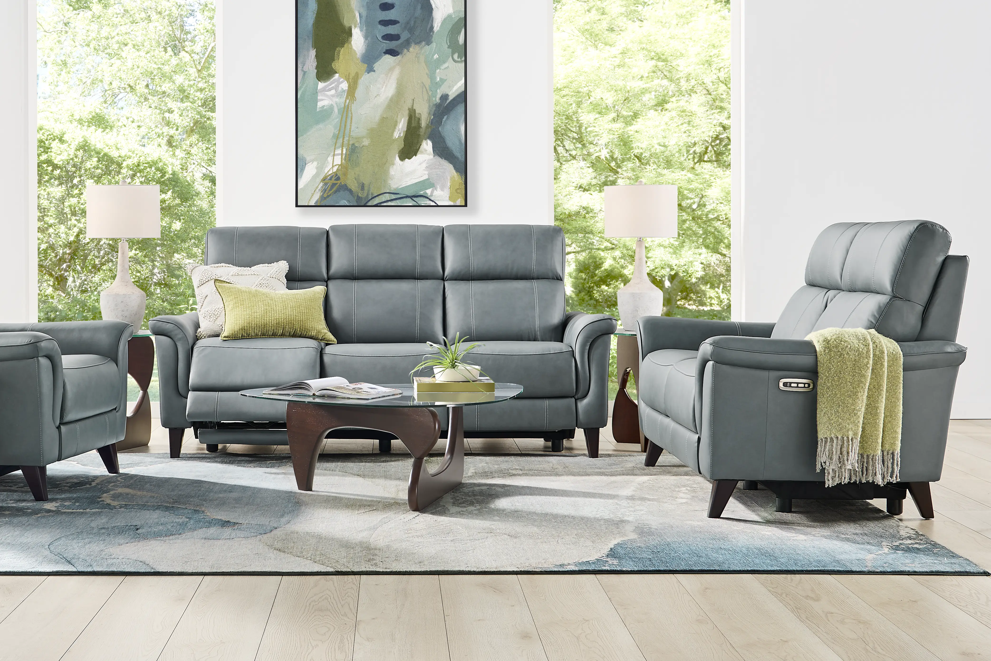 Antonella Blue Leather 3 Pc Dual Power Reclining Living Room - Thumbnail - Image 1