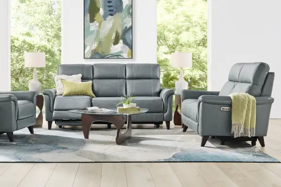 Antonella Blue Leather 7 Pc Dual Power Reclining Living Room