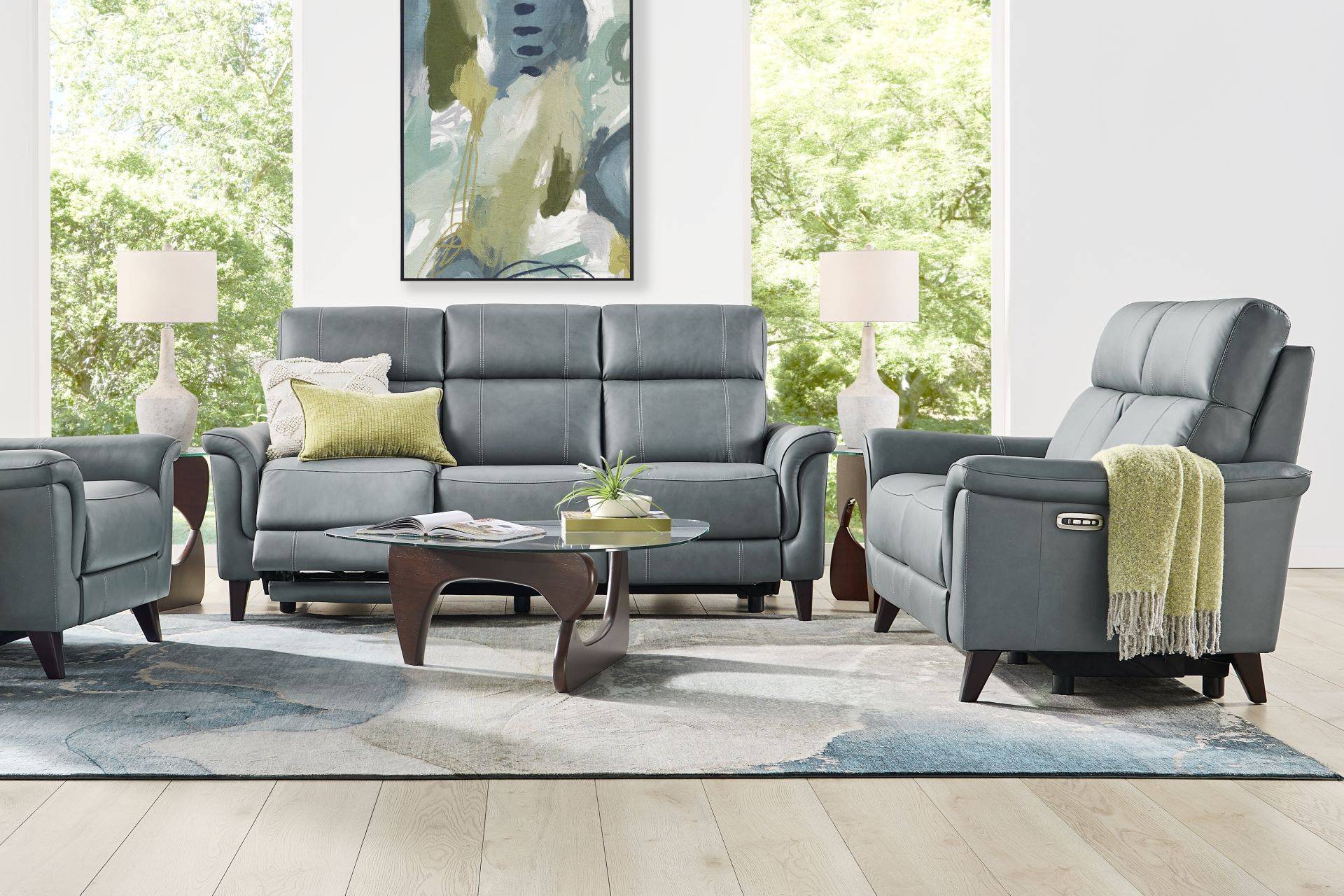 Antonella Blue Leather 8 Pc Dual Power Reclining Living Room - Image 1