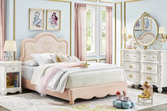 Disney Princess Sparkle White Bedroom with Pink Twin Upholstered Bed
