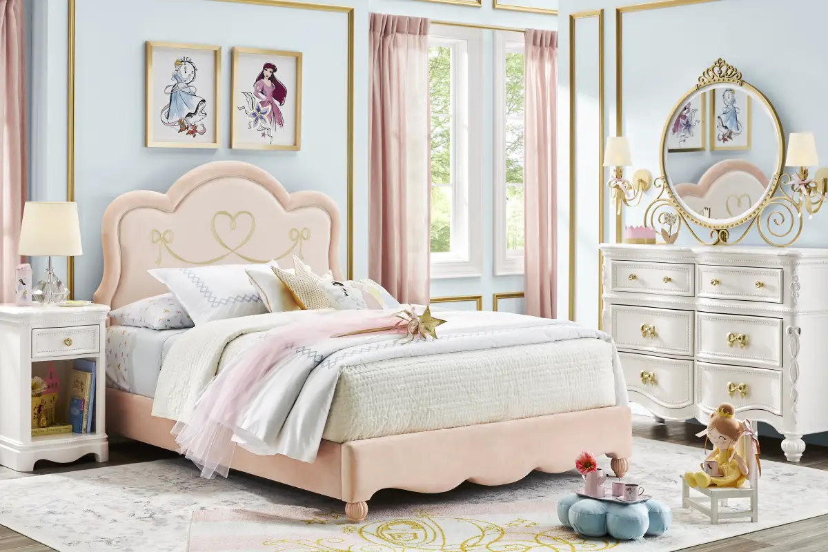 Disney Princess Sparkle White Bedroom with Pink Twin Upholstered Bed