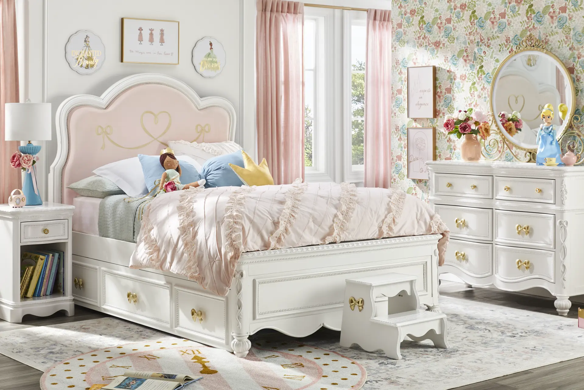 Disney Princess Sparkle White Twin Upholstered Panel Bedroom