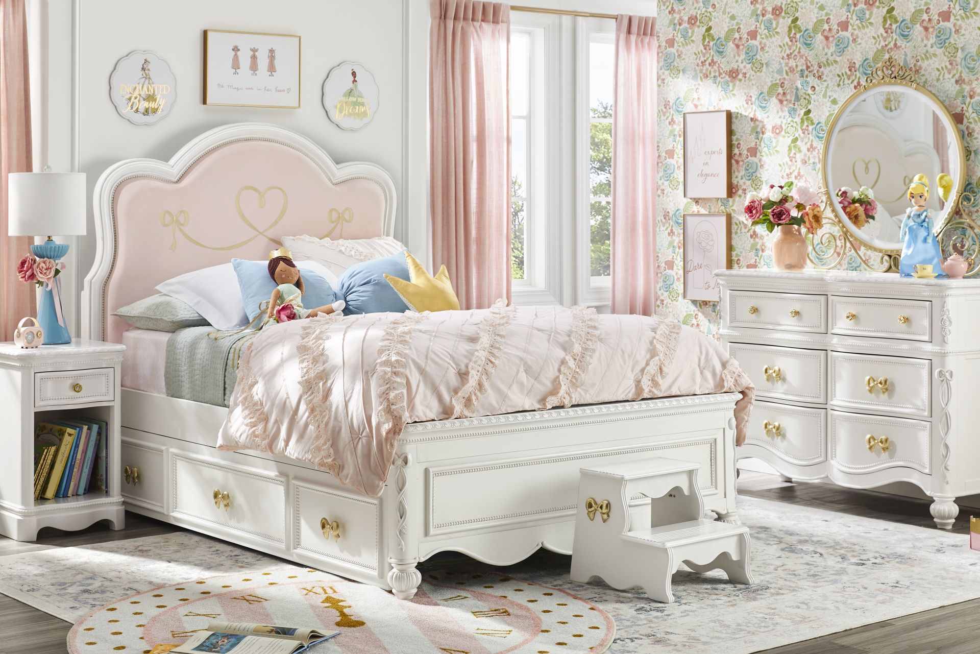 Disney Princess Sparkle White Twin Upholstered Panel Bedroom - Image 1