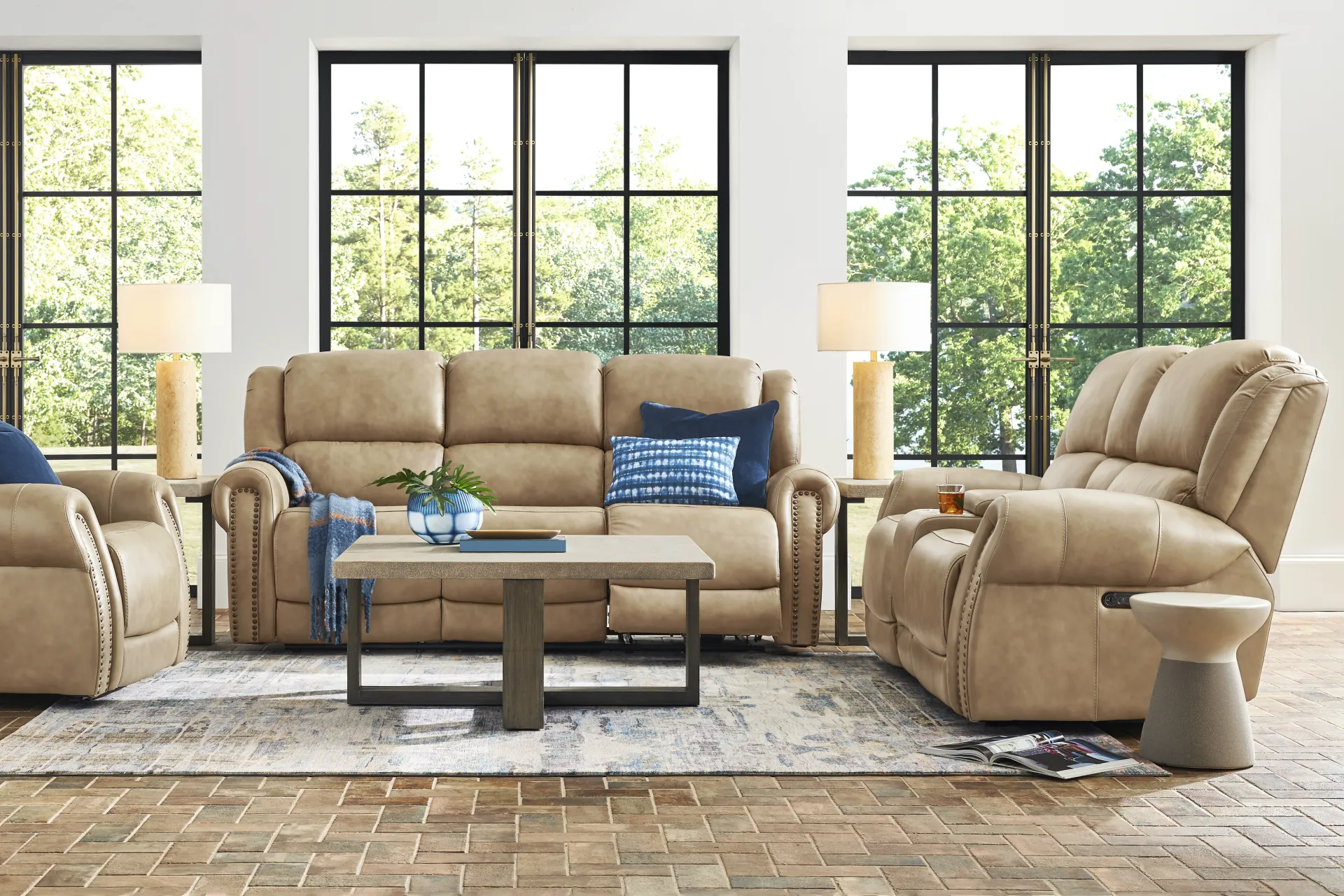 Churchill Taupe 7 Pc Dual Power Reclining Leather Living Room - Image 1