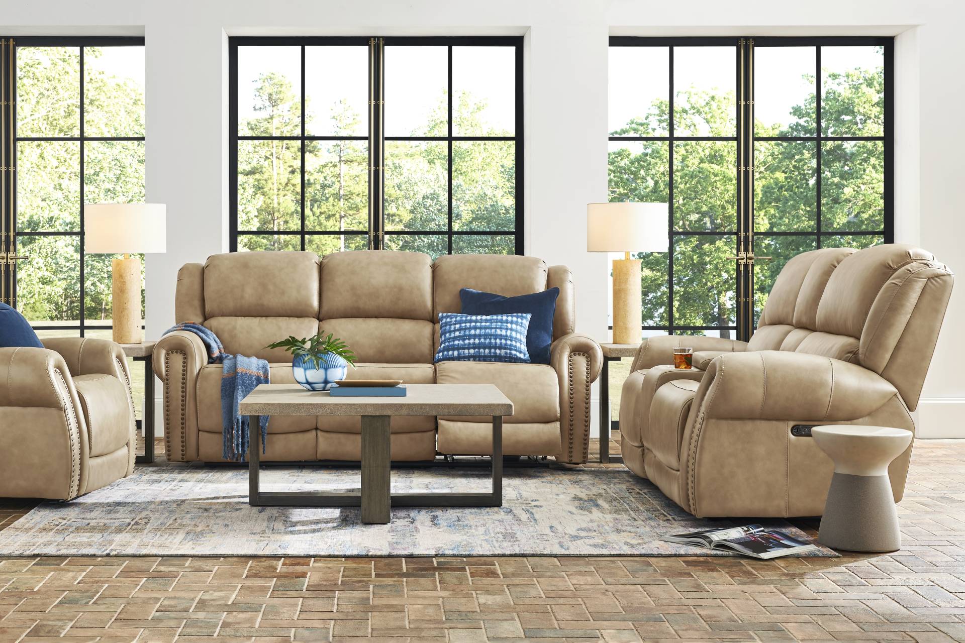 Churchill Taupe 5 Pc Dual Power Reclining Leather Living Room full room
