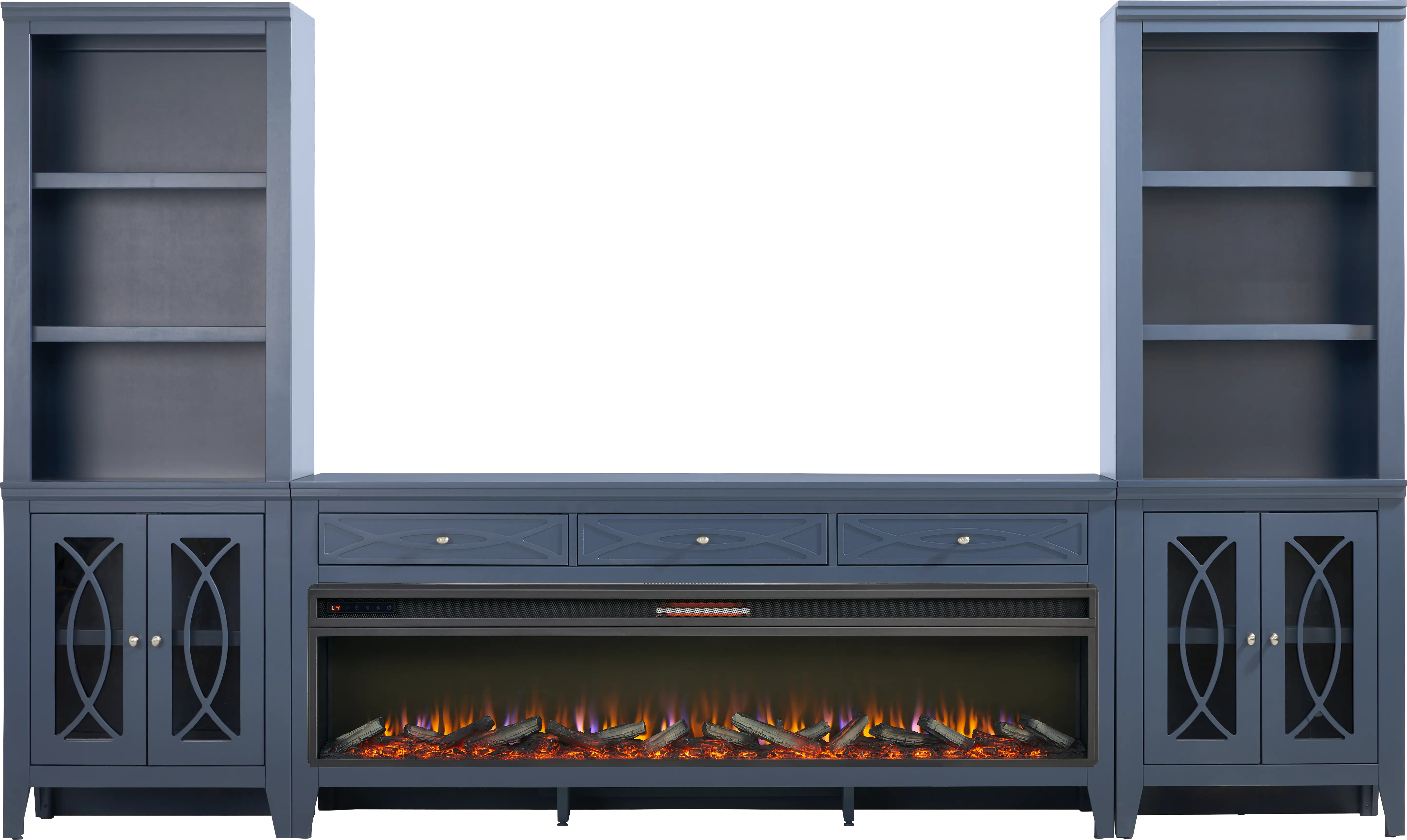 Abbie II Blue 3 Pc Wall Unit with 77 in. Console and Electric Log Fireplace - Thumbnail - Image 1