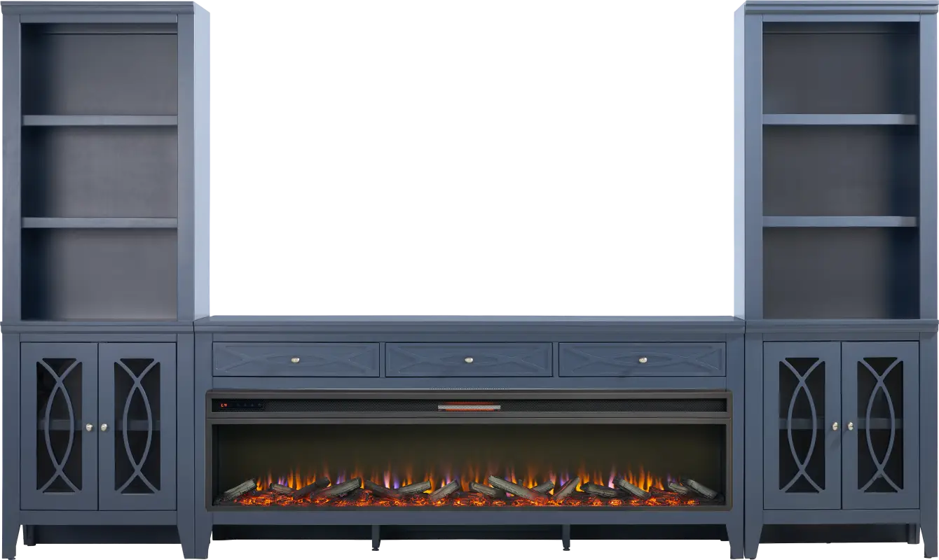 Abbie II Blue 3 Pc Wall Unit with 77 in. Console and Electric Log Fireplace
