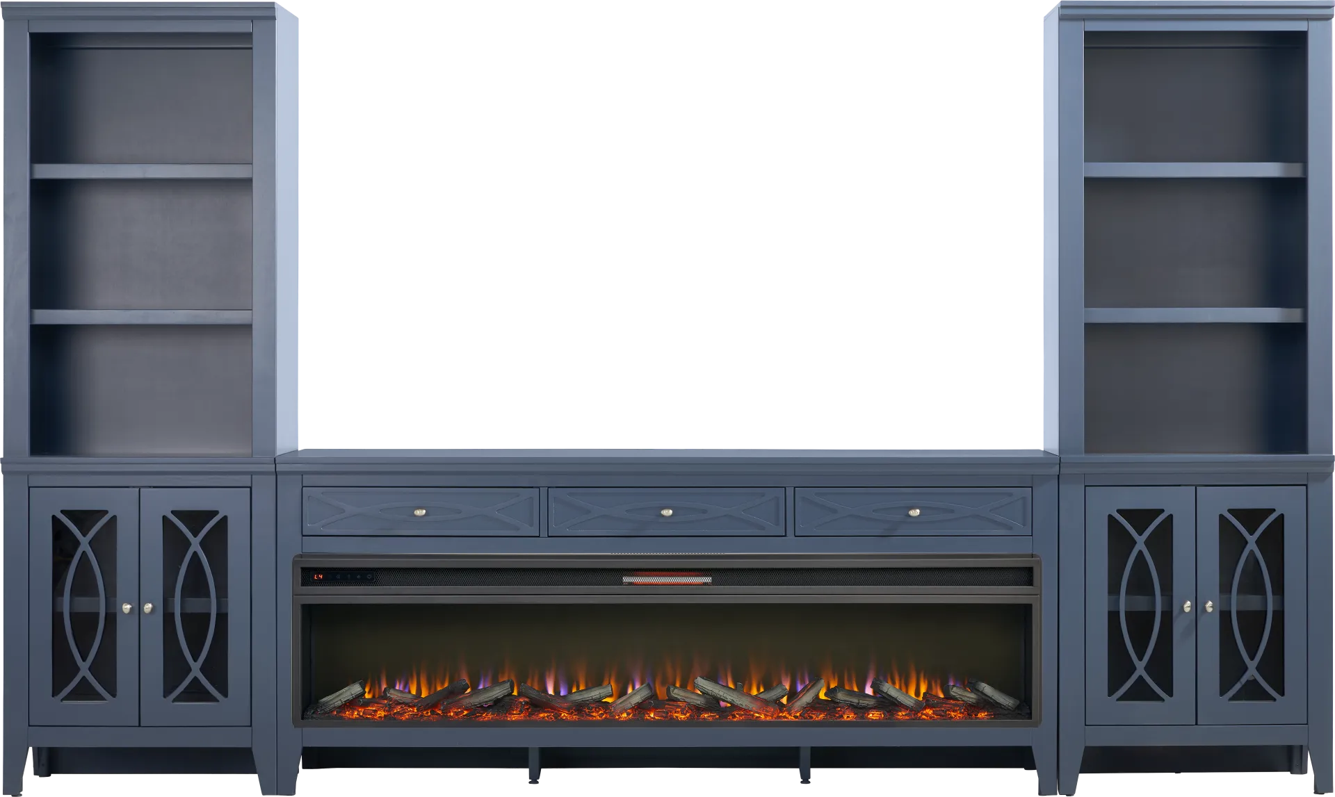 Abbie II Blue 3 Pc Wall Unit with 77 in. Console and Electric Log Fireplace - Image 1