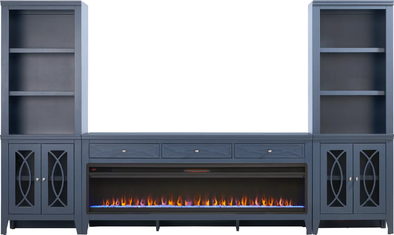 Abbie II Blue 3 Pc Wall Unit with 77 in. Console and Electric Fireplace
