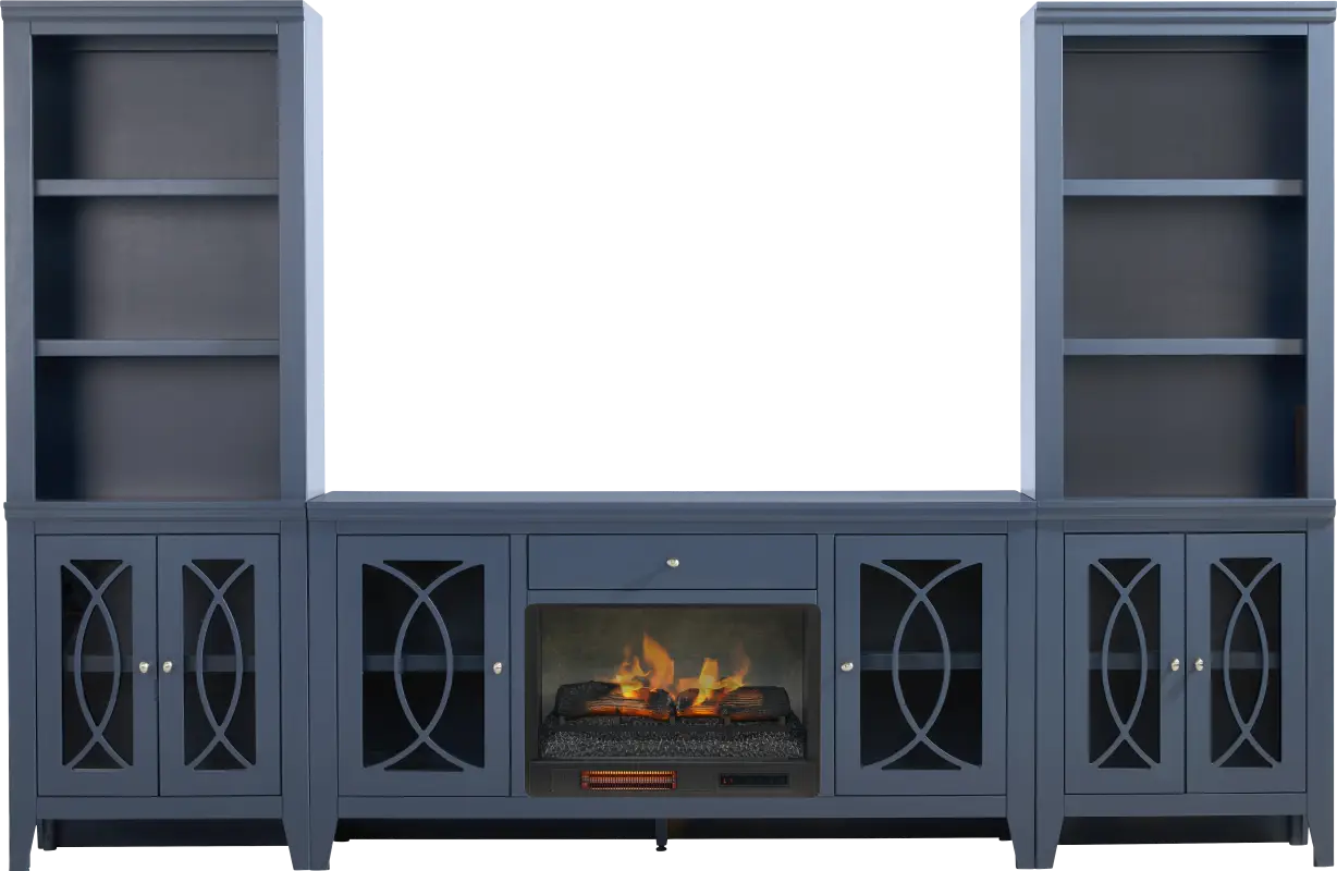Abbie II Blue 3 Pc Wall Unit with 66 in. Console and Electric Log Fireplace