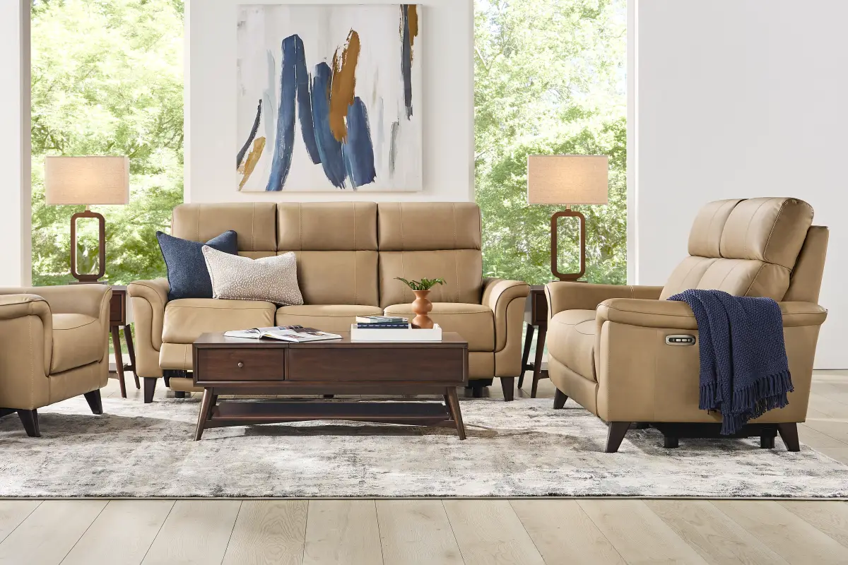 Antonella Tan Leather 5 Pc Dual Power Reclining Living Room