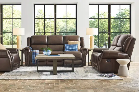 Churchill Brown Leather 5 Pc Living Room with Dual Power Reclining Sofa
