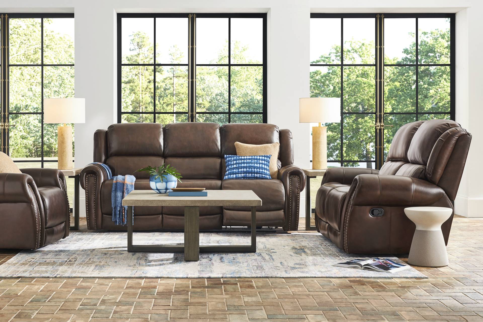 Churchill Brown 3 Pc Leather Living Room with Dual Power Reclining Sofa full room