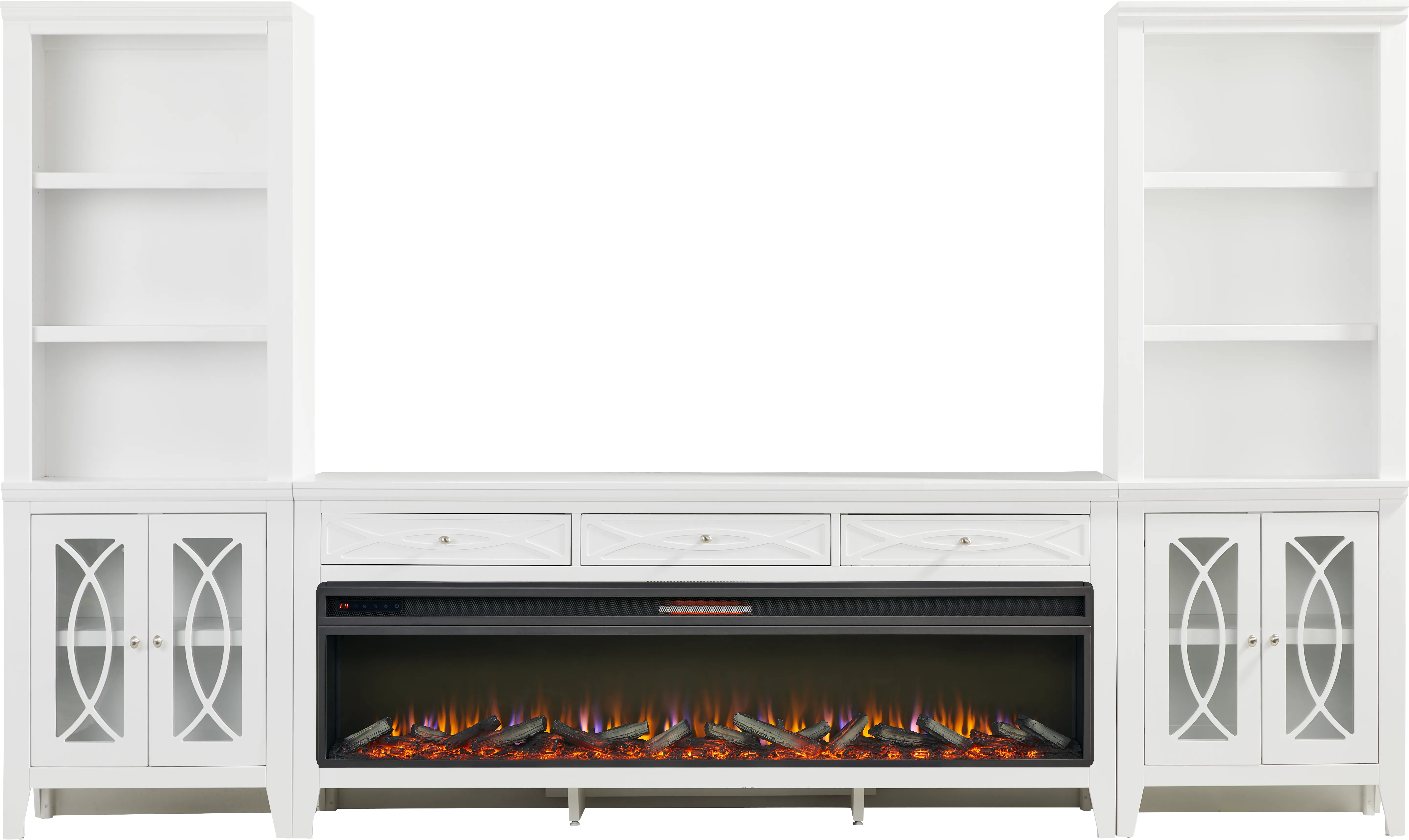 Abbie II White 3 Pc Wall Unit with 77 in. Console and Electric Log Fireplace - Thumbnail - Image 1