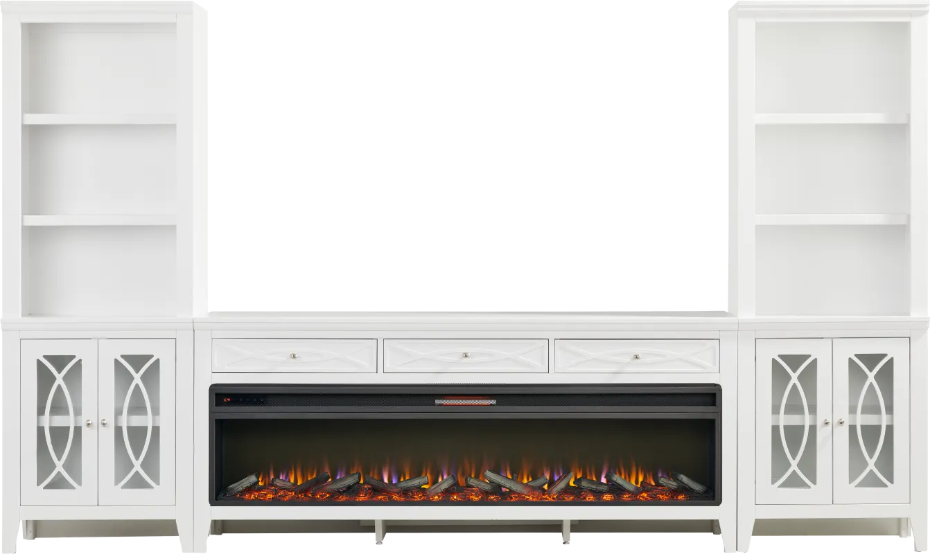 Abbie II White 3 Pc Wall Unit with 77 in. Console and Electric Log Fireplace