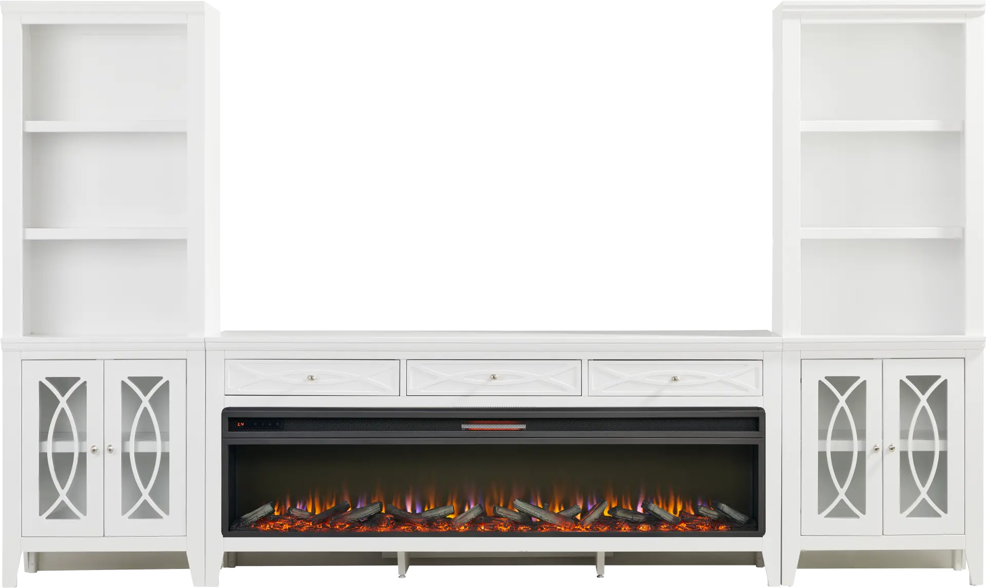 Abbie II White 3 Pc Wall Unit with 77 in. Console and Electric Log Fireplace