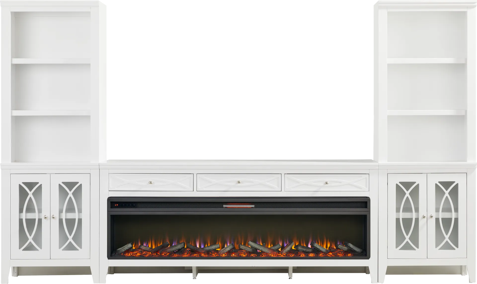 Abbie II White 3 Pc Wall Unit with 77 in. Console and Electric Log Fireplace - Image 1