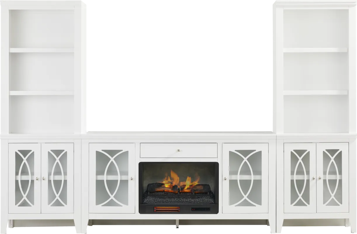 Abbie II White 3 Pc Wall Unit with 66 in. Console and Electric Log Fireplace