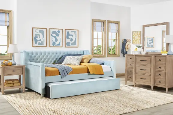Kids Lindbrook Sand Bedroom with Alena Light Blue Ful Daybed and Twin Storage Trundle