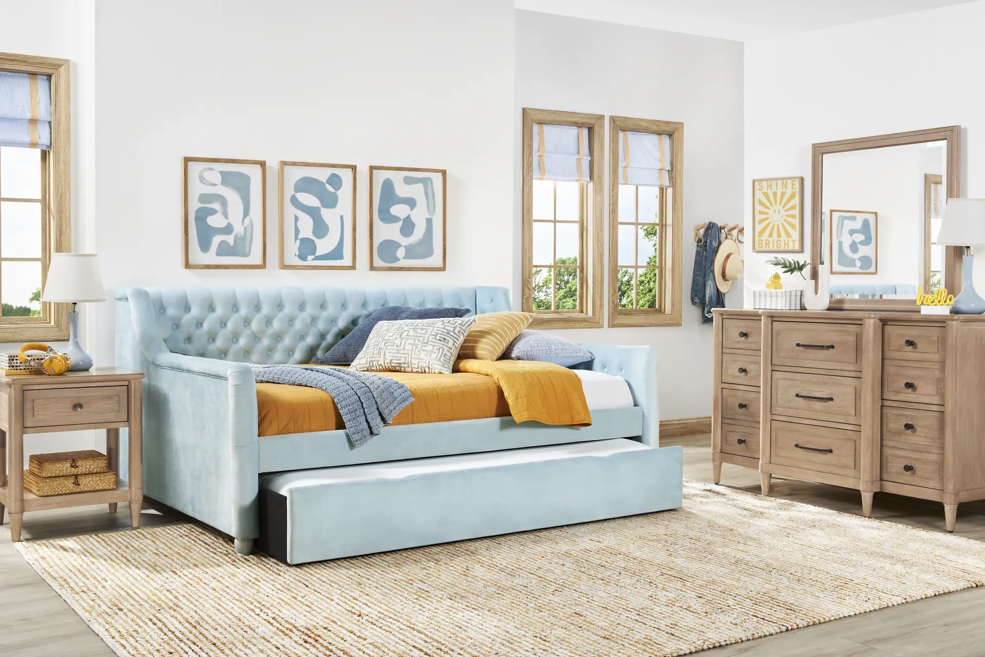 Kids Lindbrook Sand Bedroom with Alena Light Blue Twin Daybed and Twin Storage Trundle