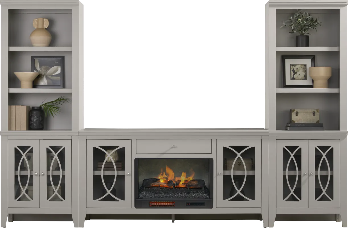 Abbie II Gray 3 Pc Wall Unit with 66 in. Console and Electric Log Fireplace