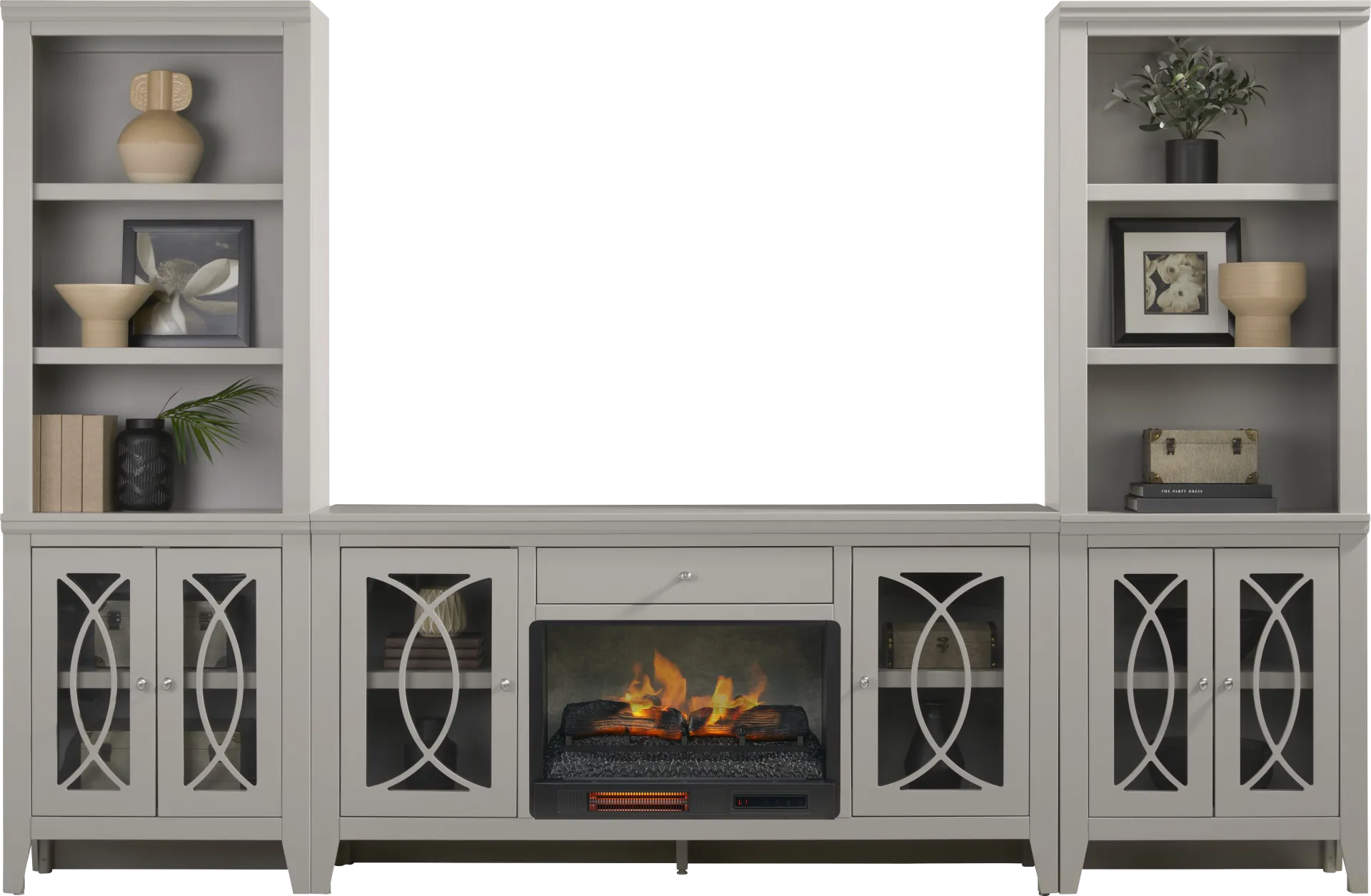 Abbie II Gray 3 Pc Wall Unit with 66 in. Console and Electric Log Fireplace - Image 1