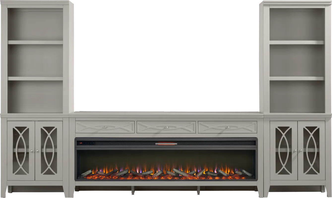 Abbie II Gray 3 Pc Wall Unit with 77 in. Console and Electric Log Fireplace