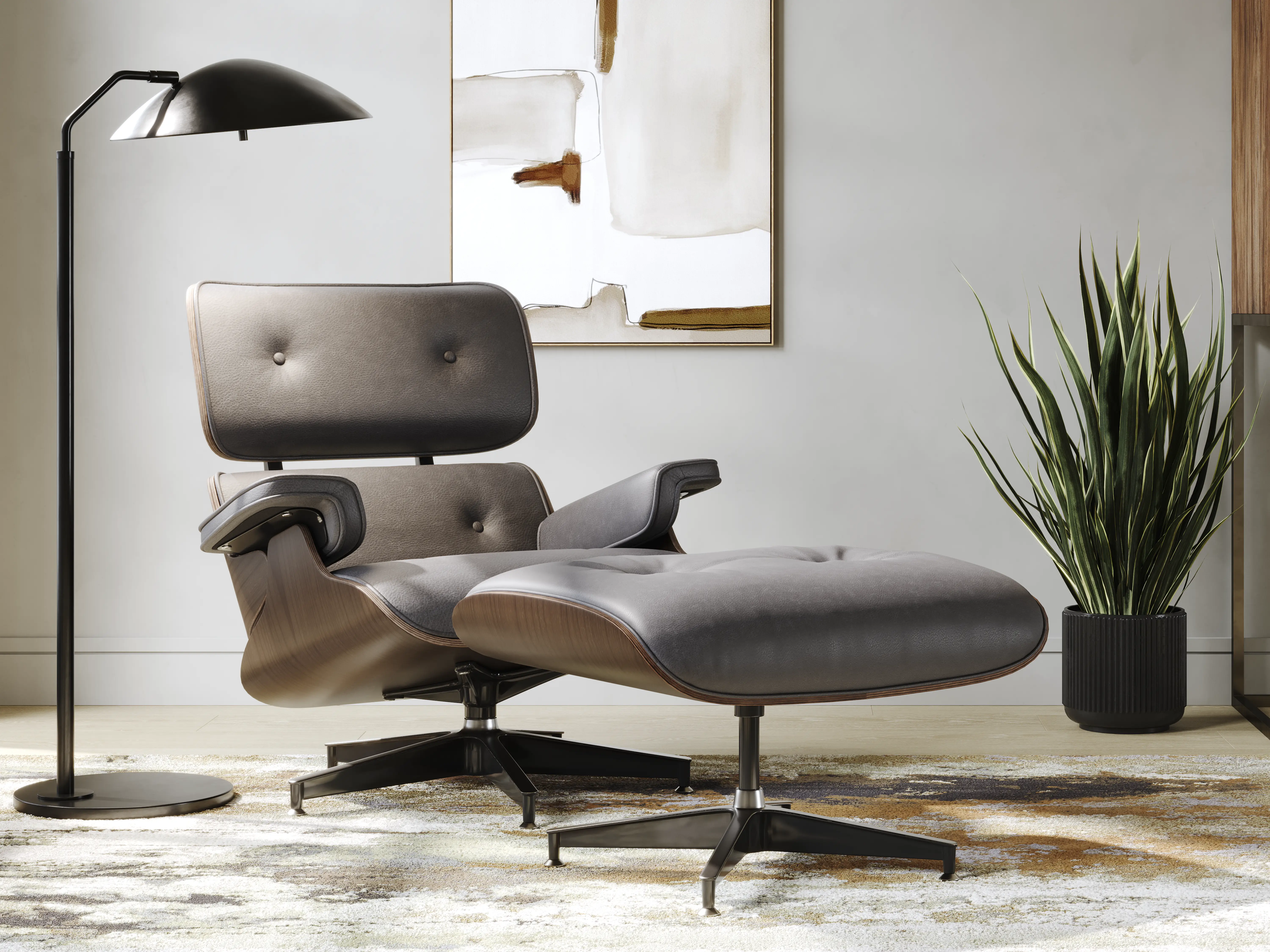 Nole Gray Leather Accent Chair with Ottoman - Thumbnail - Image 3