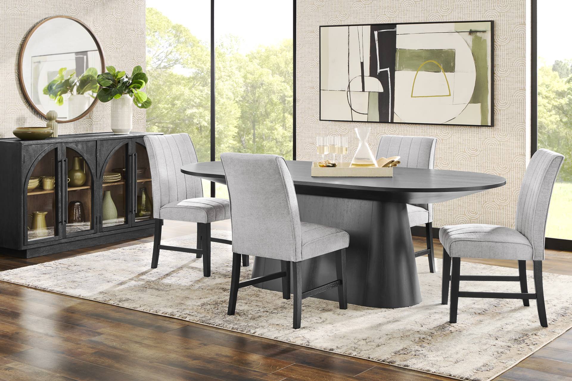 Kendall Black 5 Pc Oval Dining Room with Gray Side Chairs full room