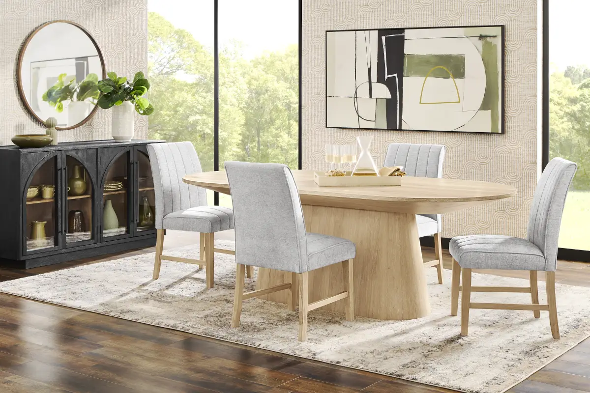 Kendall 5 Pc Natural Light Wood Gray Dining Room Set With Oval Dining ...