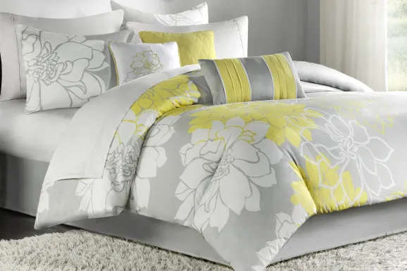 Lola Gray/Yellow 7 Pc Queen Comforter Set