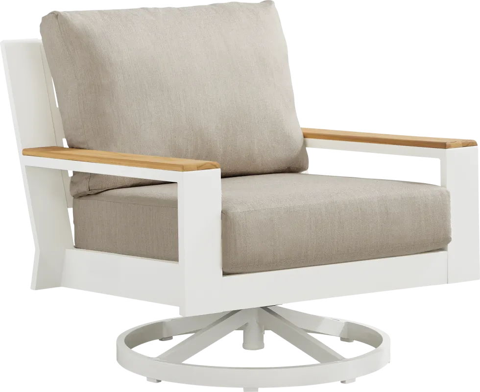 Solana White Outdoor Swivel Rocker Club Chair with Bisque Cushions
