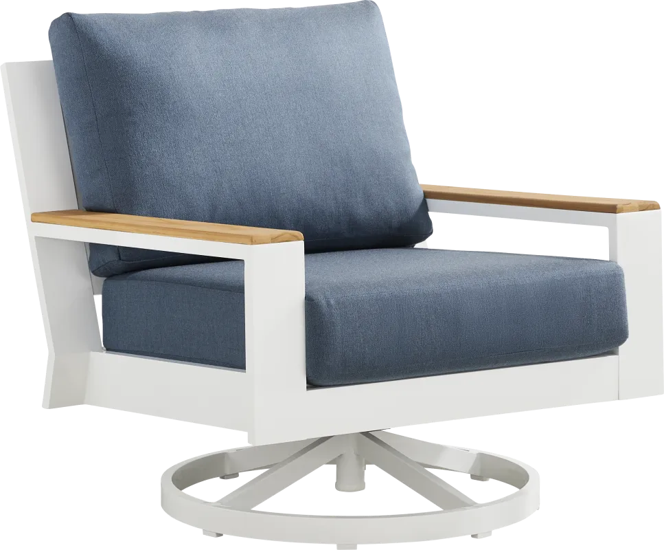 Solana White Outdoor Swivel Rocker Club Chair with Blueberry Cushions