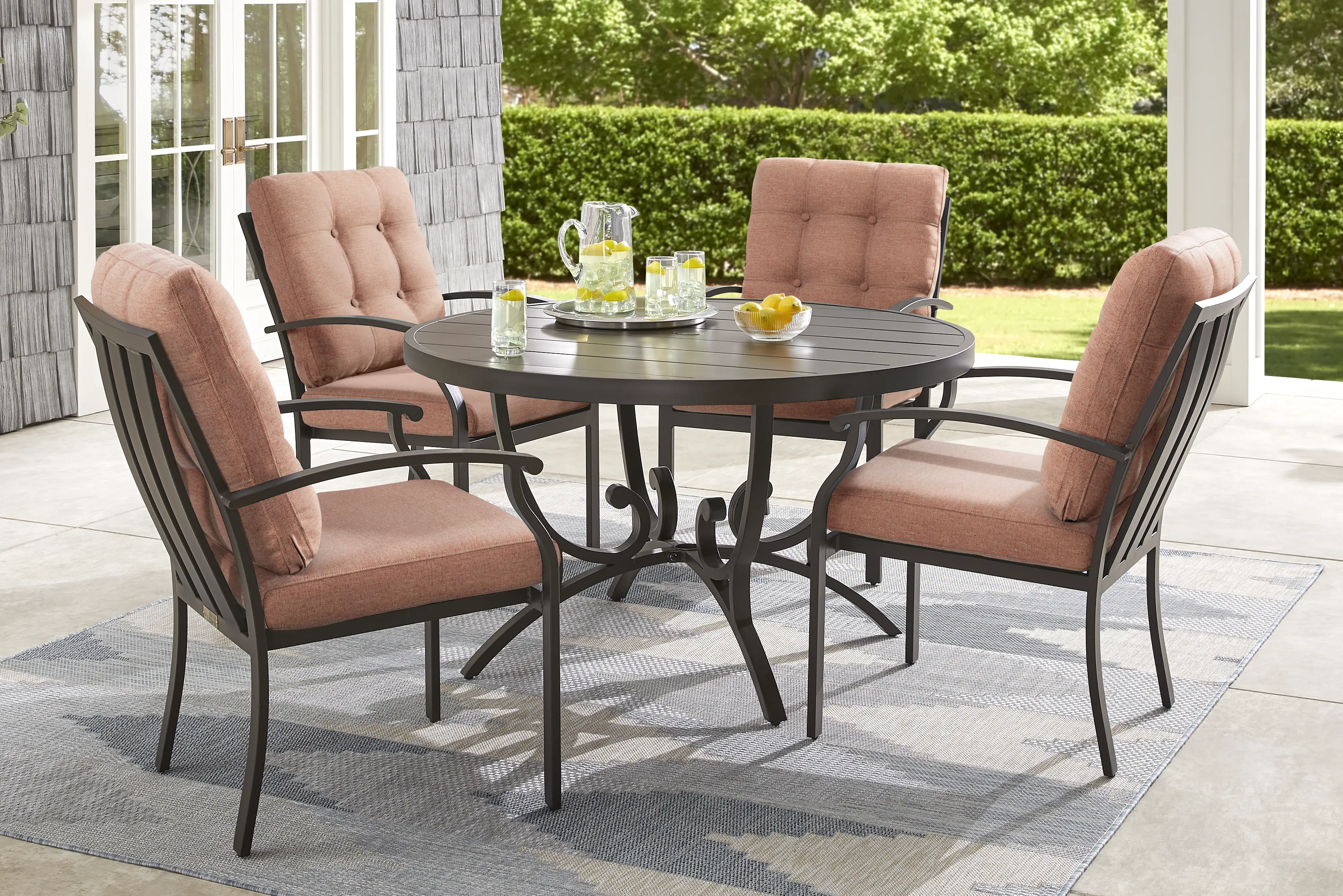 Lake Breeze Aged Bronze 5 Pc Round Outdoor Dining Set with Terracotta Cushions - Thumbnail - Image 1