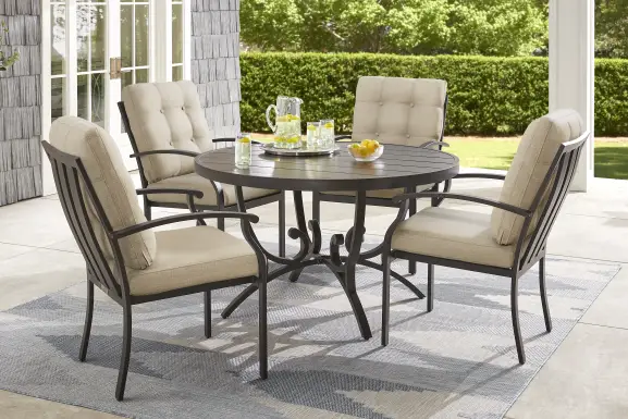 Lake Breeze Aged Bronze 5 Pc Round Outdoor Dining Set with Hemp-Colored Cushions