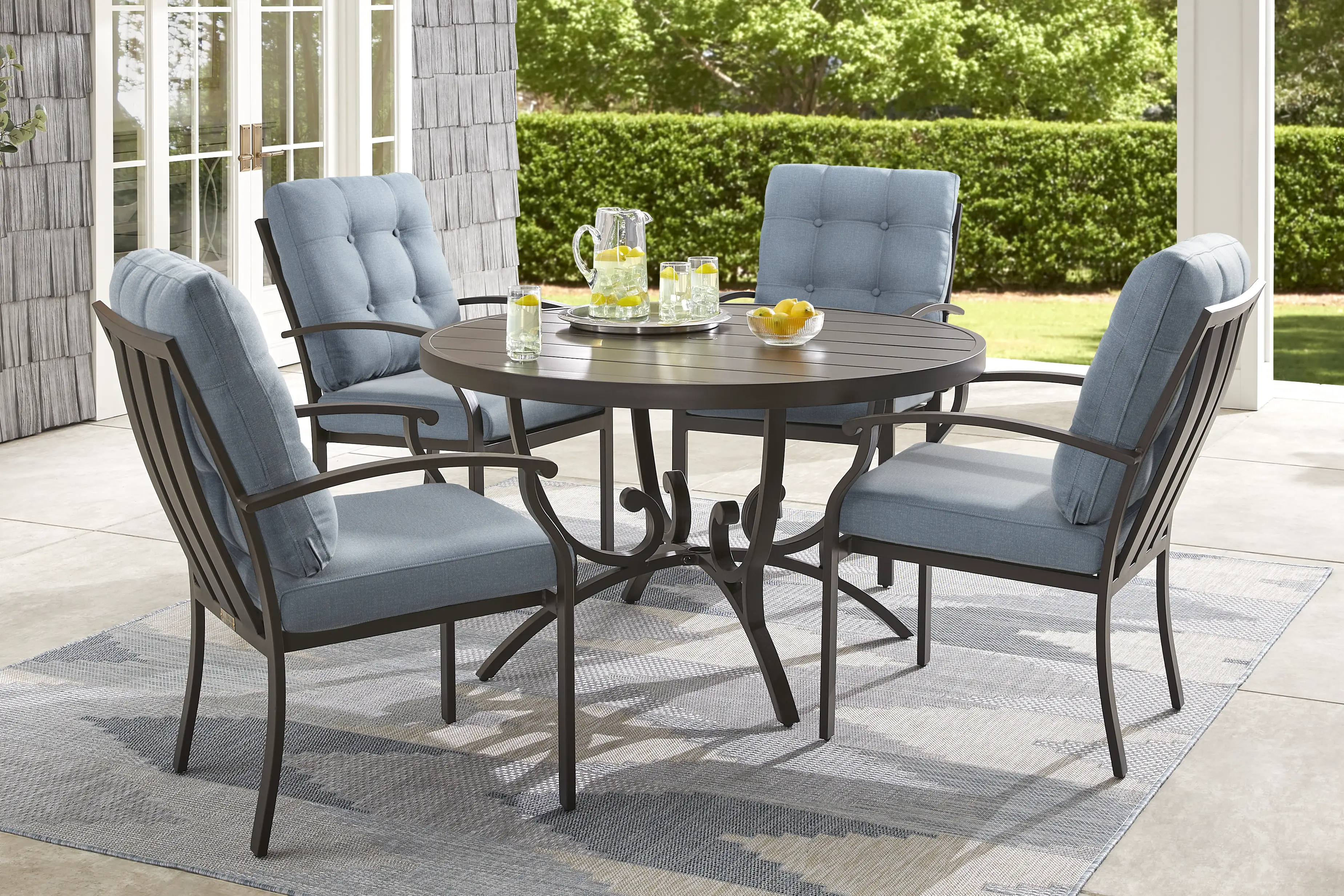 Lake Breeze Aged Bronze 5 Pc Round Outdoor Dining Set with Blueberry Cushions - Thumbnail - Image 1