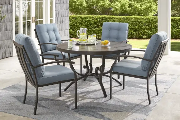 Lake Breeze Aged Bronze 5 Pc Round Outdoor Dining Set with Blueberry Cushions