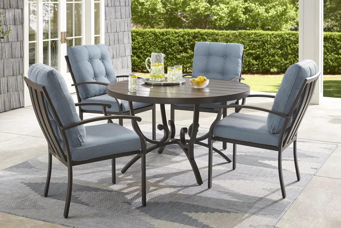 Lake Breeze Aged Bronze 5 Pc Round Outdoor Dining Set with Blueberry Cushions