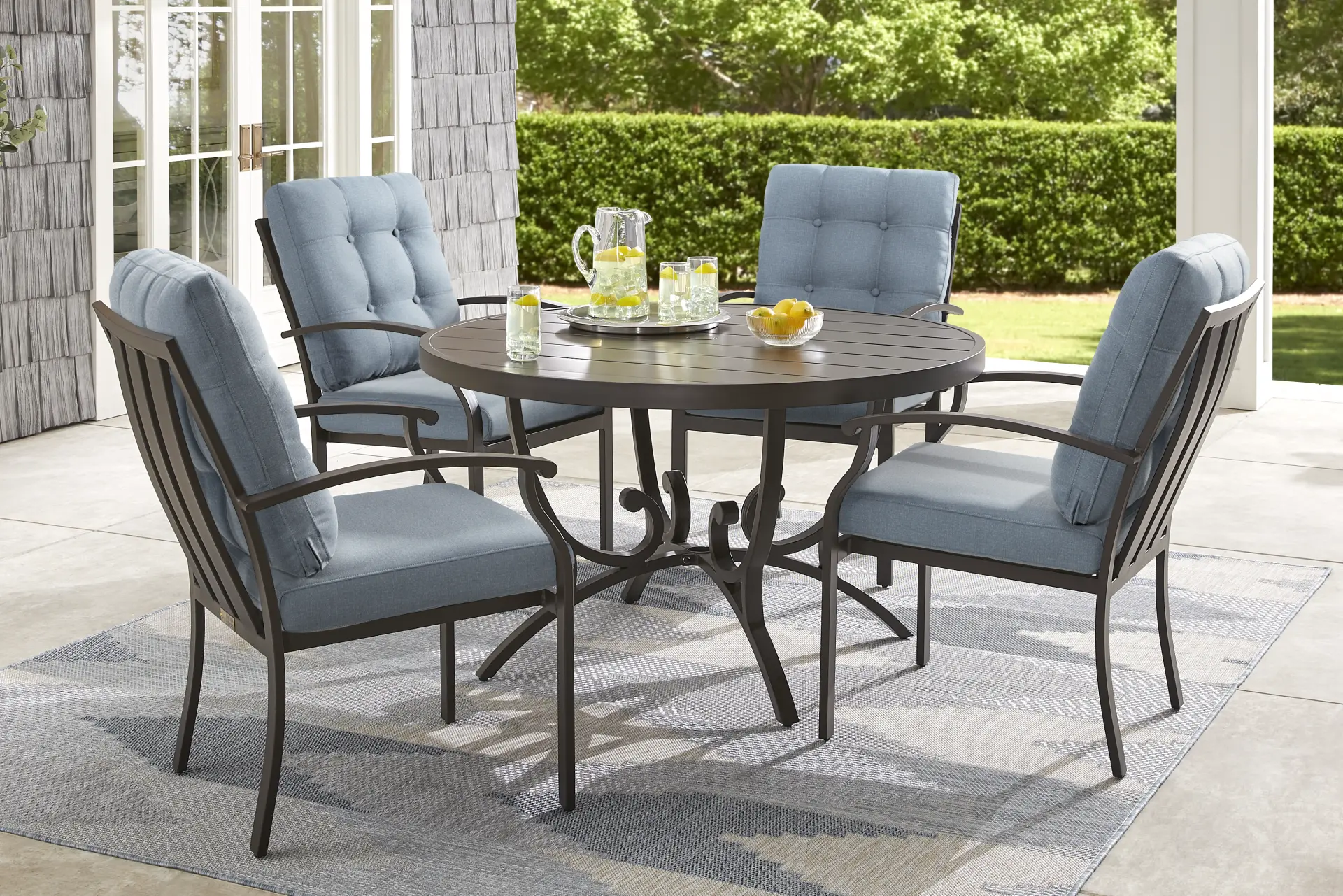 Lake Breeze Aged Bronze 5 Pc Round Outdoor Dining Set with Blueberry Cushions