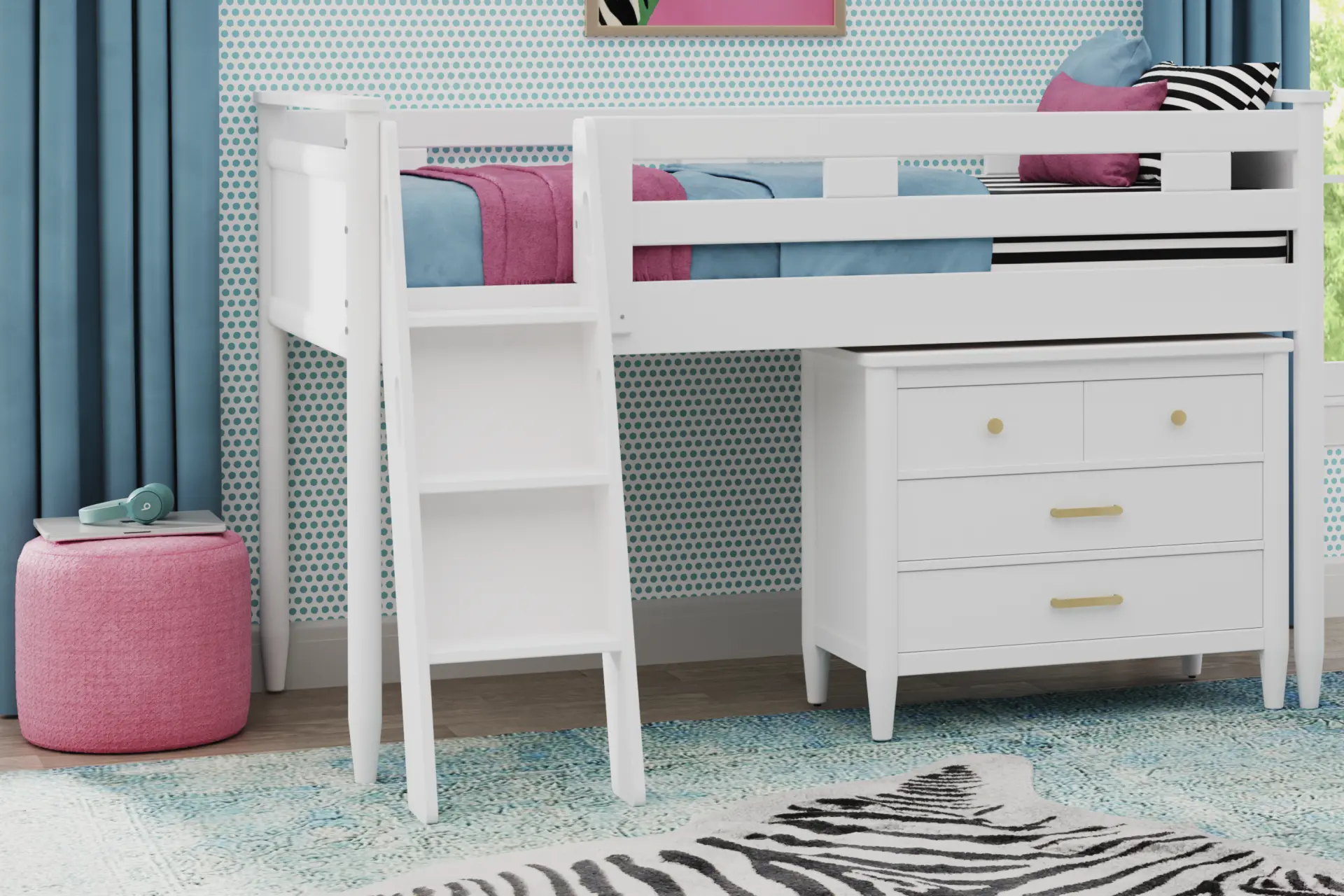Kids Modern Colors White Full Loft with Loft Chest
