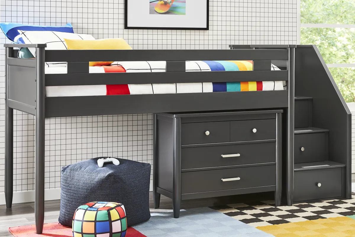 Kids Modern Colors Iron Ore Twin Step Loft with Loft Chest