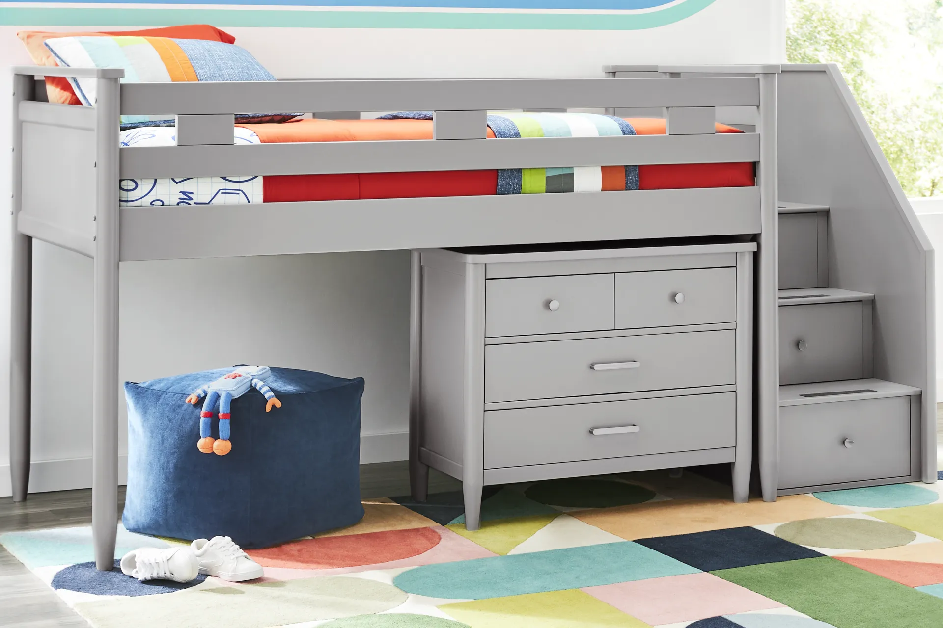 Kids Modern Colors Light Gray Full Step Loft with Loft Chest - Image 1
