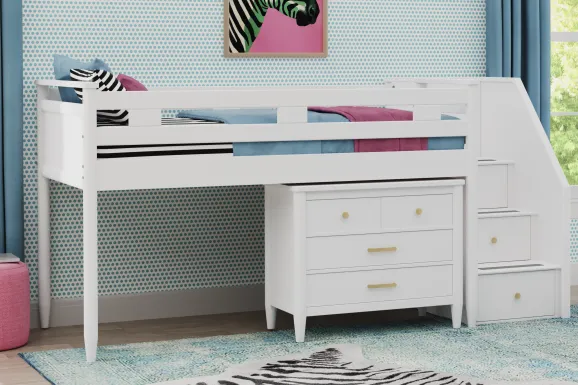 Kids Modern Colors White Full Step Loft with Loft Chest