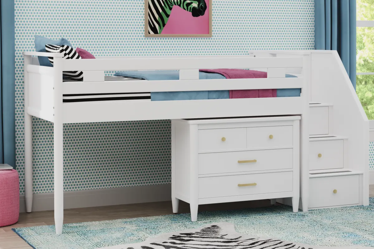 Kids Modern Colors White Twin Step Loft with Loft Chest