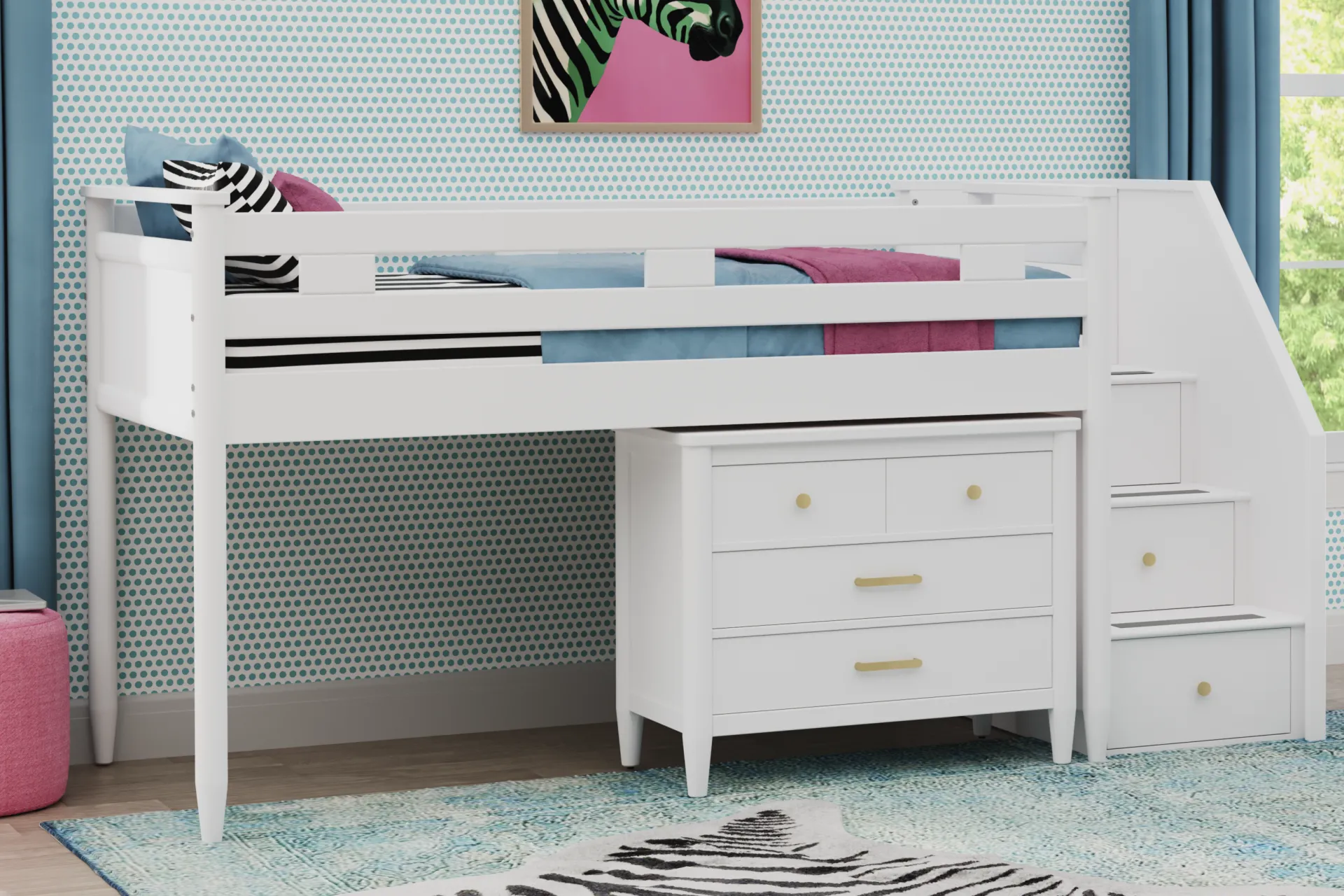 Kids Modern Colors White Full Step Loft with Loft Chest - Image 1