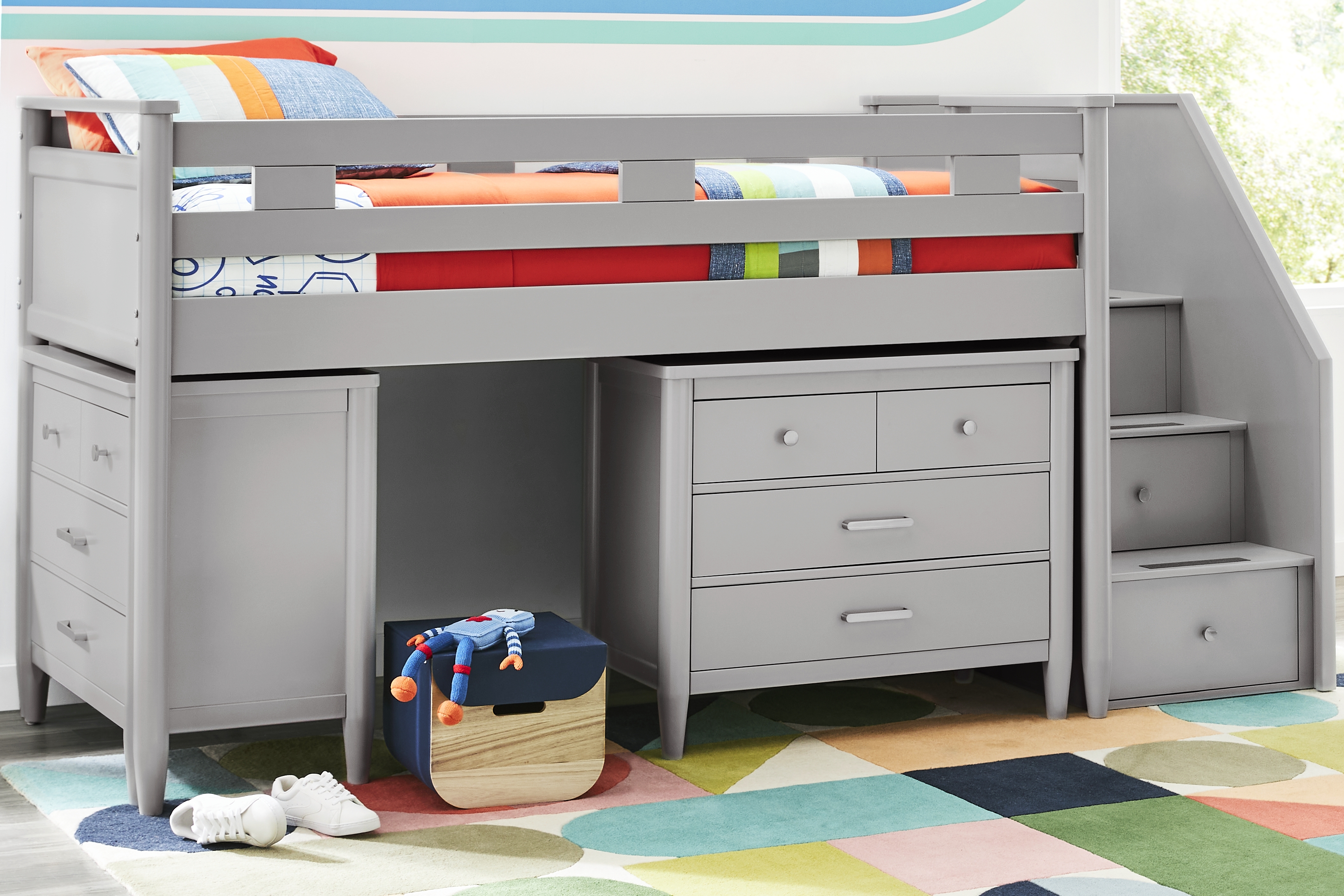 Kids Modern Colors Light Gray Full Step Loft with Loft Chests