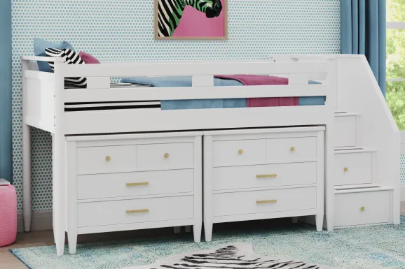 Kids Modern Colors White Full Step Loft with Loft Chests