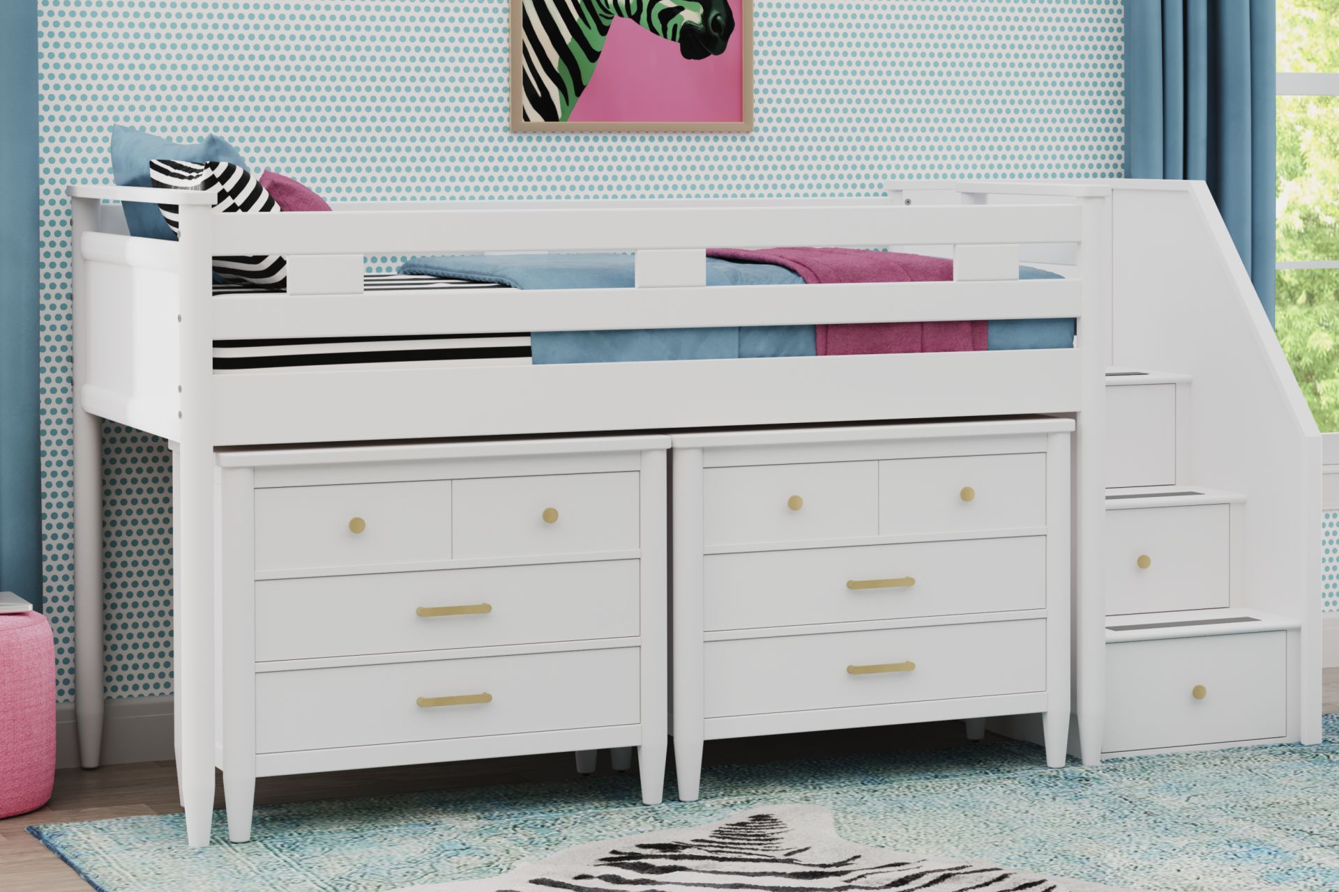 Kids Modern Colors White Full Step Loft with Loft Chests - Image 2