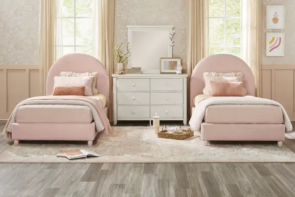 Kids South Bend Washed White Bedroom with 2 Pink Twin Moonstone Beds