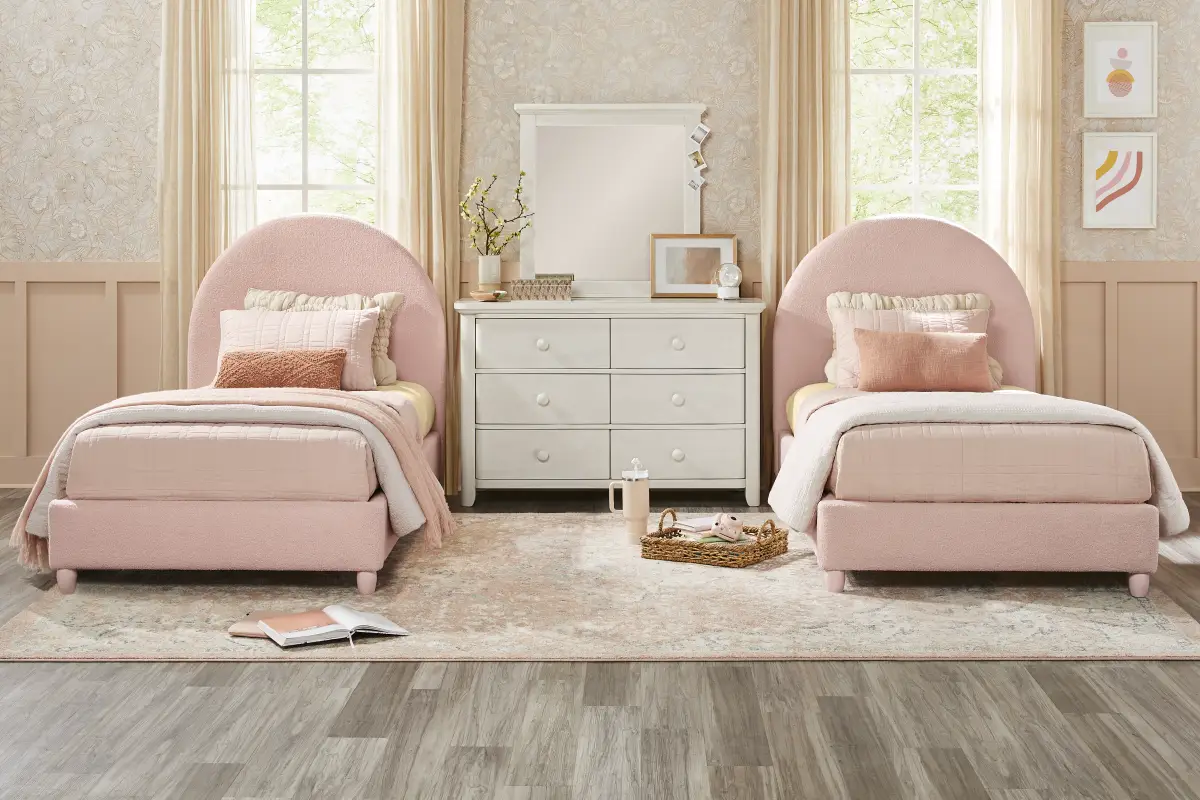 Kids South Bend Washed White Bedroom with 2 Pink Twin Moonstone Beds